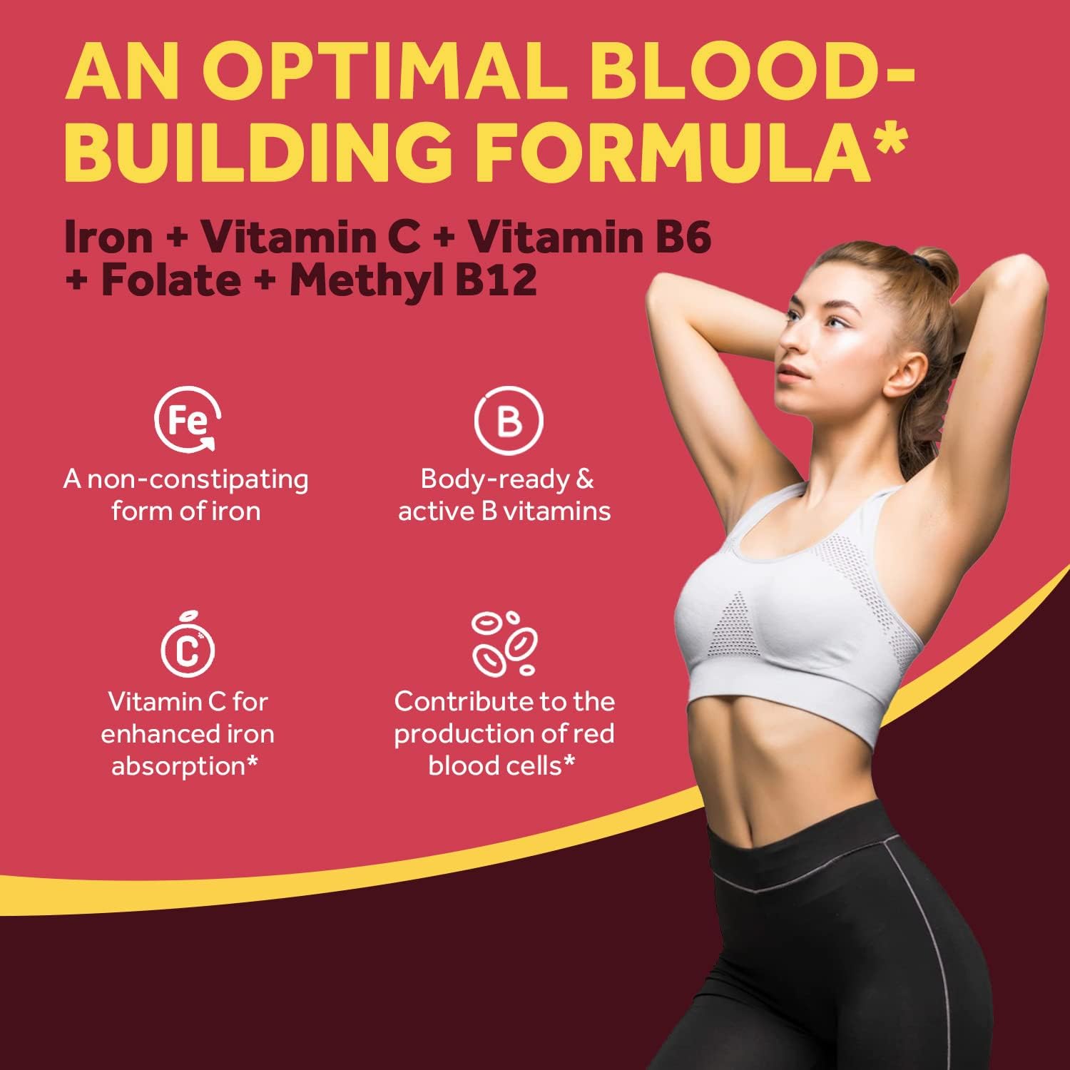 Doctor's Recipes Iron Supplement, Iron Bisglycinate with Vitamin C, B6, Folate & B12, Non-Constipating, Stomach Friendly, Gentle Iron Pills for Iron Deficiency, Blood & Energy Support, 60 Vegan Caps