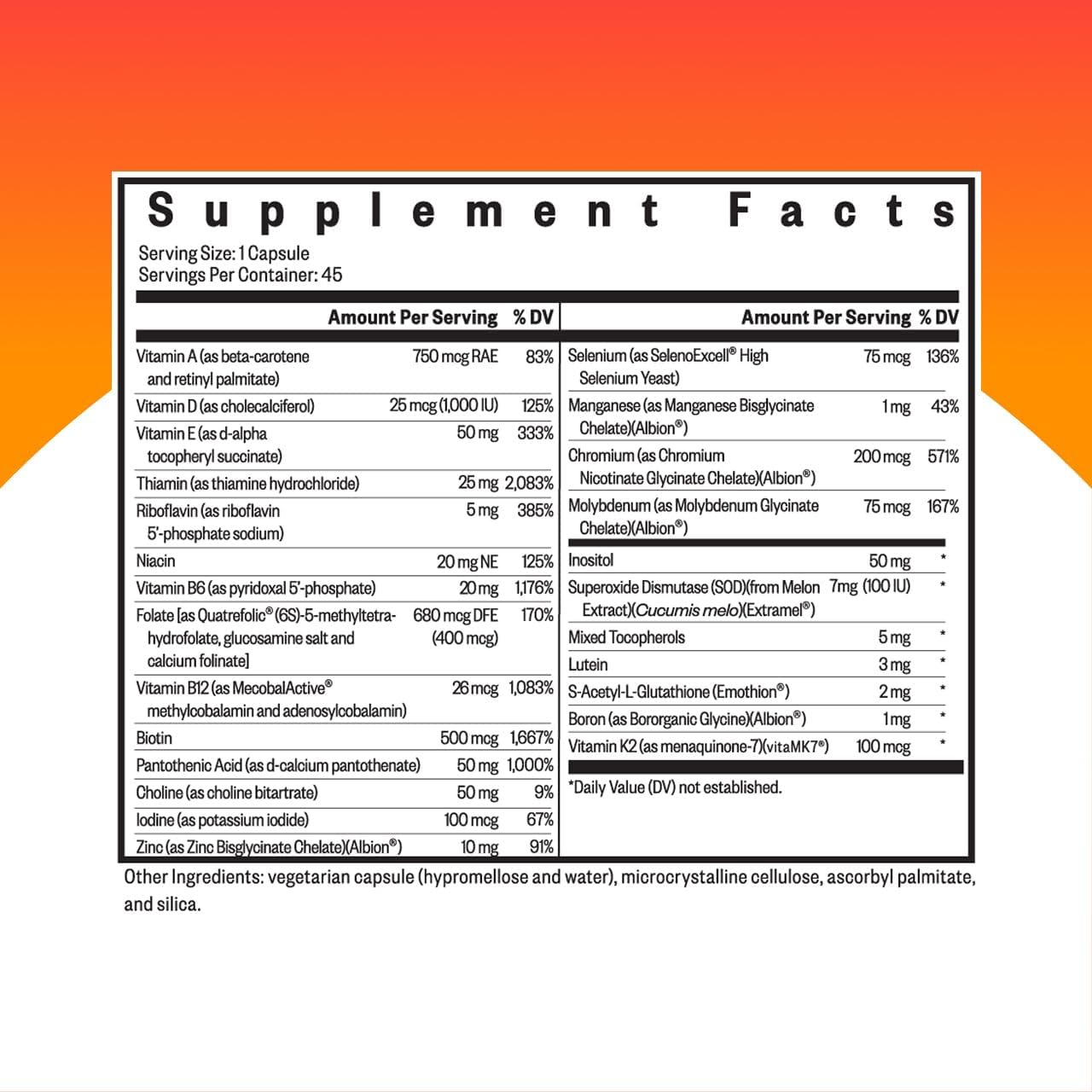 Seeking Health Multivitamin One, 1 a Day Multivitamin Supplement for Adults, Methyl B12 and Methylfolate, Vitamin A, Bioavailable Nutrients for Men and Women, Vegetarian (45 Capsules)