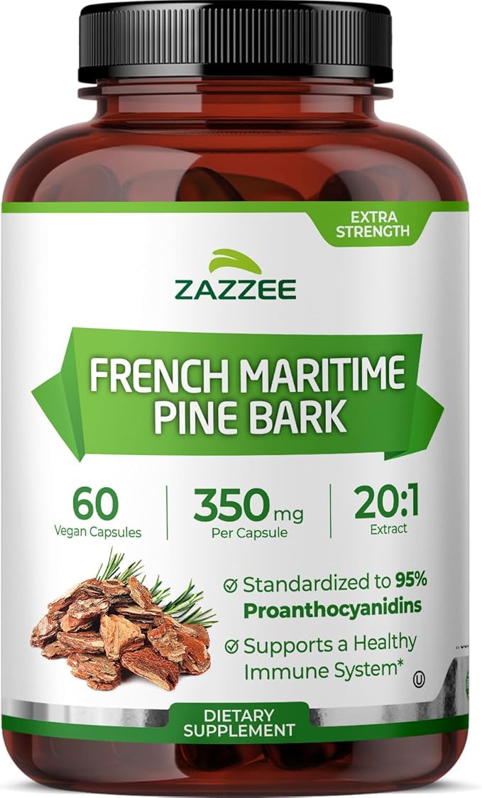 Zazzee Extra Strength French Maritime Pine Bark 20:1 Extract, 350 mg Per Capsule, 60 Vegan Capsules, 95% Proanthocyanidins, Kosher, 2 Month Supply, Standardized 20X Extract, Non-GMO, Made in The USA
