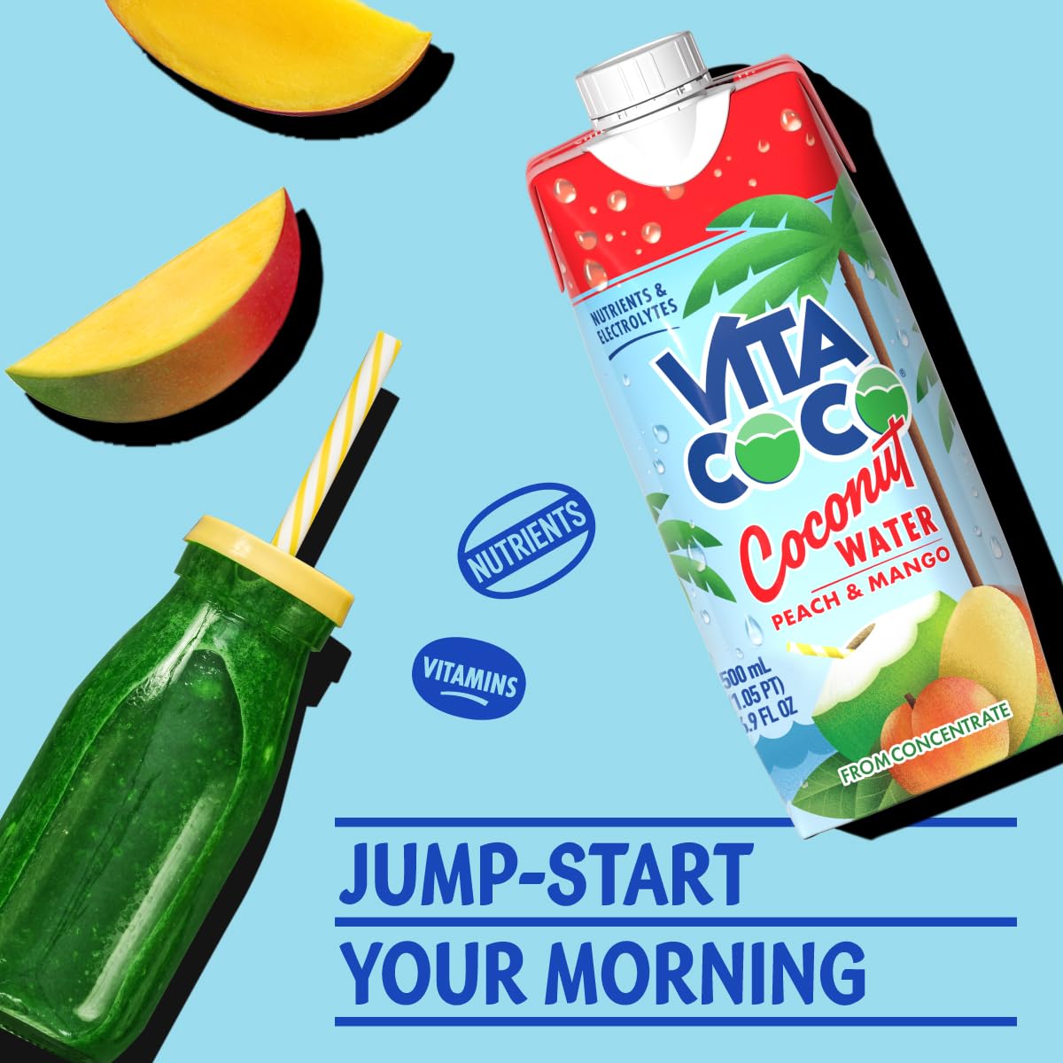 Vita Coco Coconut Water, Peach & Mango - Naturally Hydrating Electrolyte Drink - Smart Alternative to Coffee, Soda, and Sports Drinks - Gluten Free - 16.9 Fl Oz (Pack of 12)