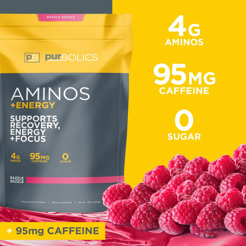 Purbolics Aminos + Energy | Supports Recovery, Energy & Focus | 95mg of Caffeine, 0 Sugar & 60 Servings (Razzle Dazzle)