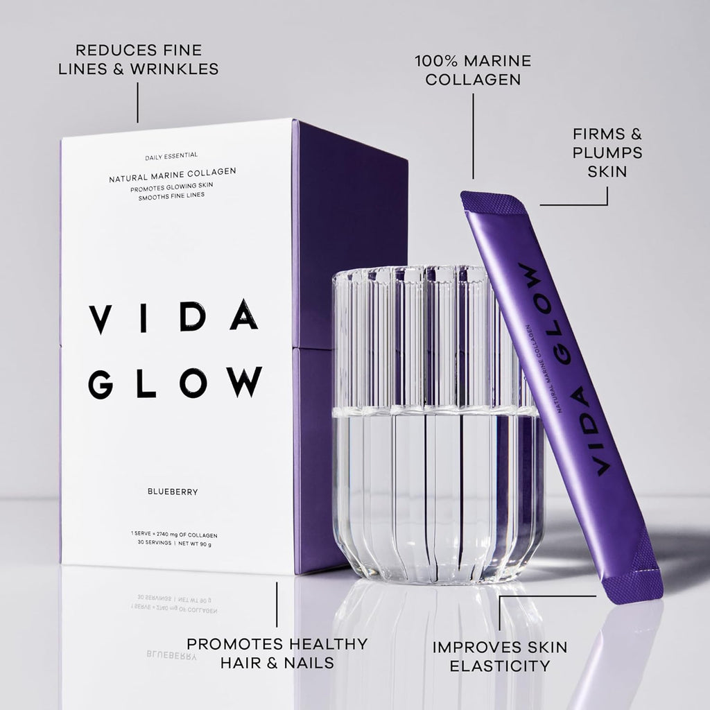 Vida Glow Marine Collagen Powder - Anti Aging Supplement with Collagen Peptides, Promotes Glowing Skin, Strong Nails, Healthy Hair | 30 Servings, Original Flavor (One Size, Blueberry)