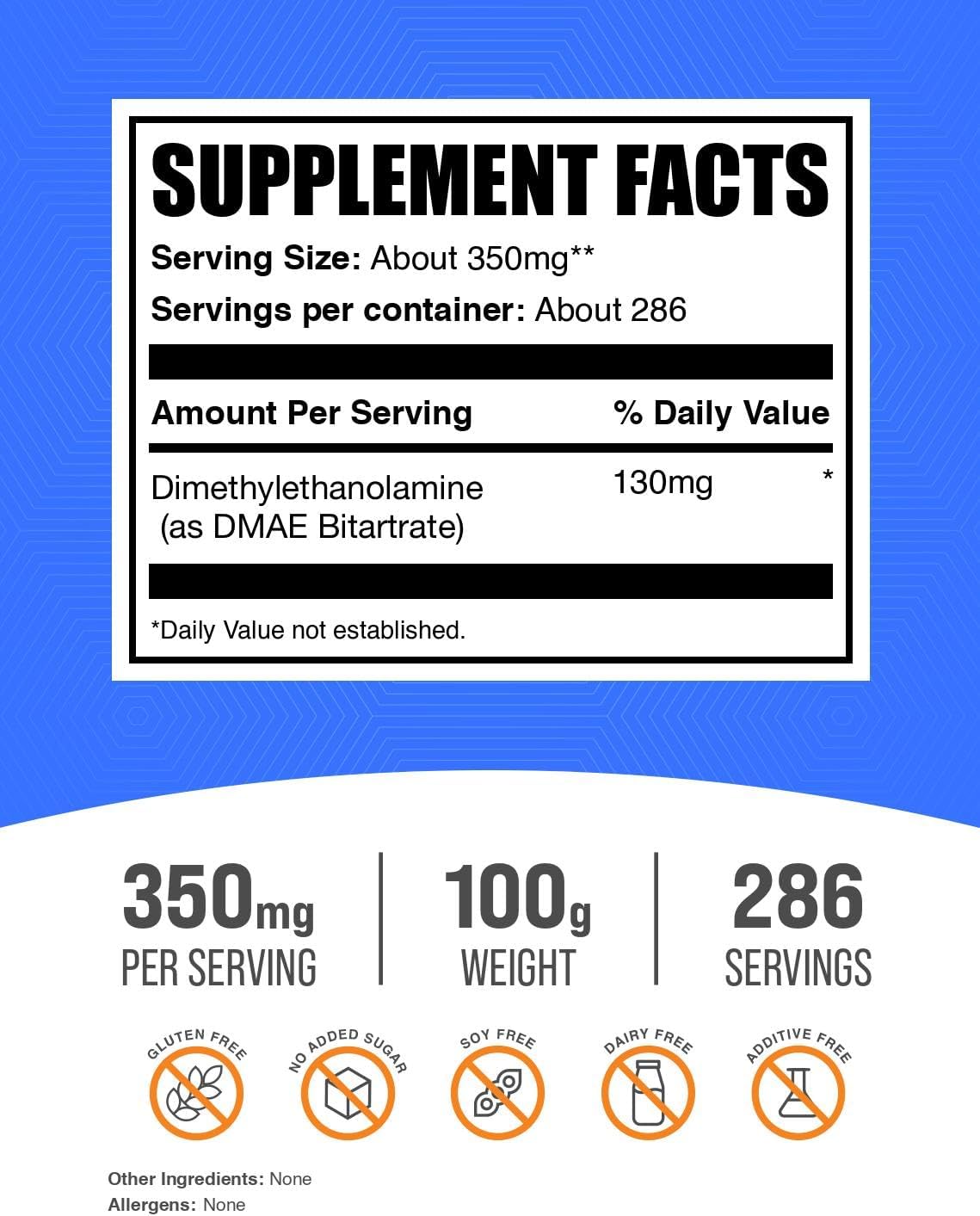 BulkSupplements.com DMAE Bitartrate Powder - Dimethylaminoethanol Bitartrate, DMAE Supplement - Unflavored & Gluten Free, 350mg per Serving, 100g (3.5 oz) (Pack of 1)