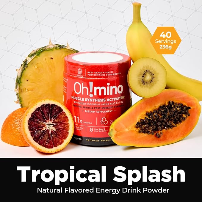 Oh!mino Essential Amino Acids Supplement Drink Powder, Tropical Splash, Cafeeinated Powder, All 9 EAAs, BCAAs and The Perfect Amino for Workouts, Amino Energy, and to Build Muscle, and Recover Faster