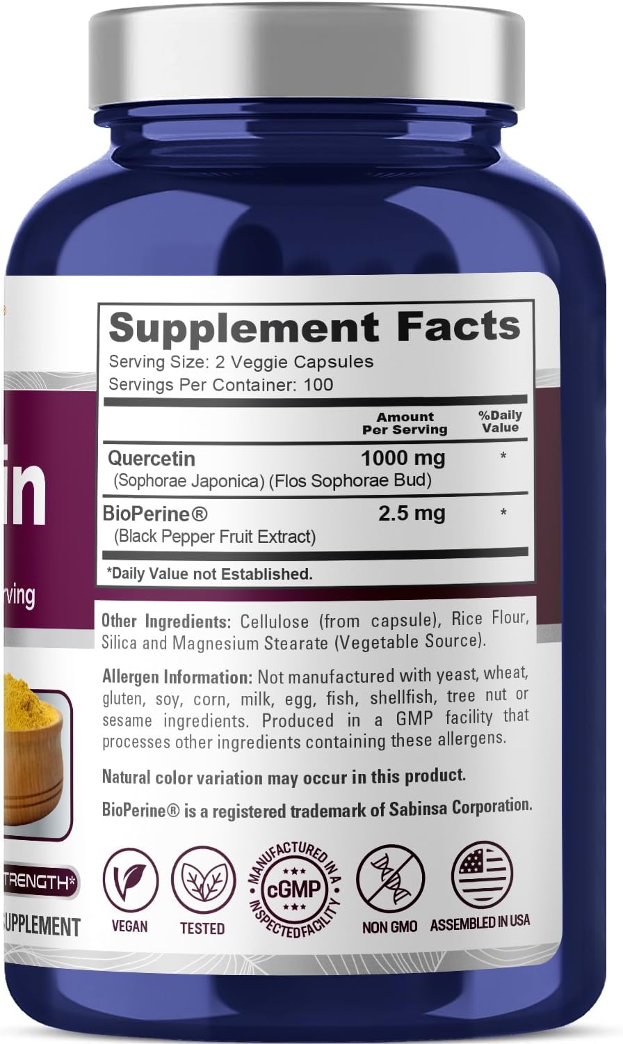 NusaPure Quercetin 1000mg - 200 Veggie Caps (Non-GMO, Vegan, Vegetarian) Bioperine