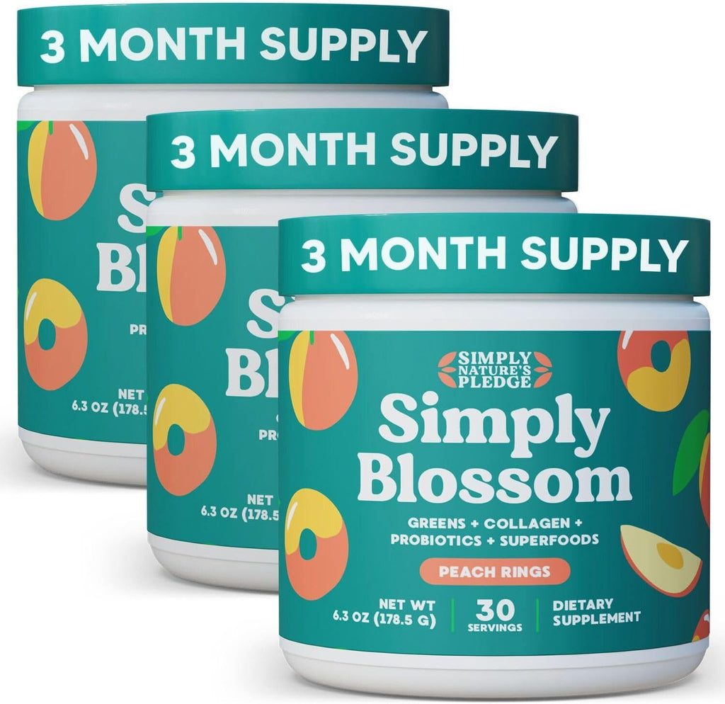 Simply Blossom Nutrition Daily Greens & Superfood Powder + Collagen + Probiotics for Women's Digestive Health & Bloating Relief. Help Your Health Bloom - 3 Month Supply- Peach Rings