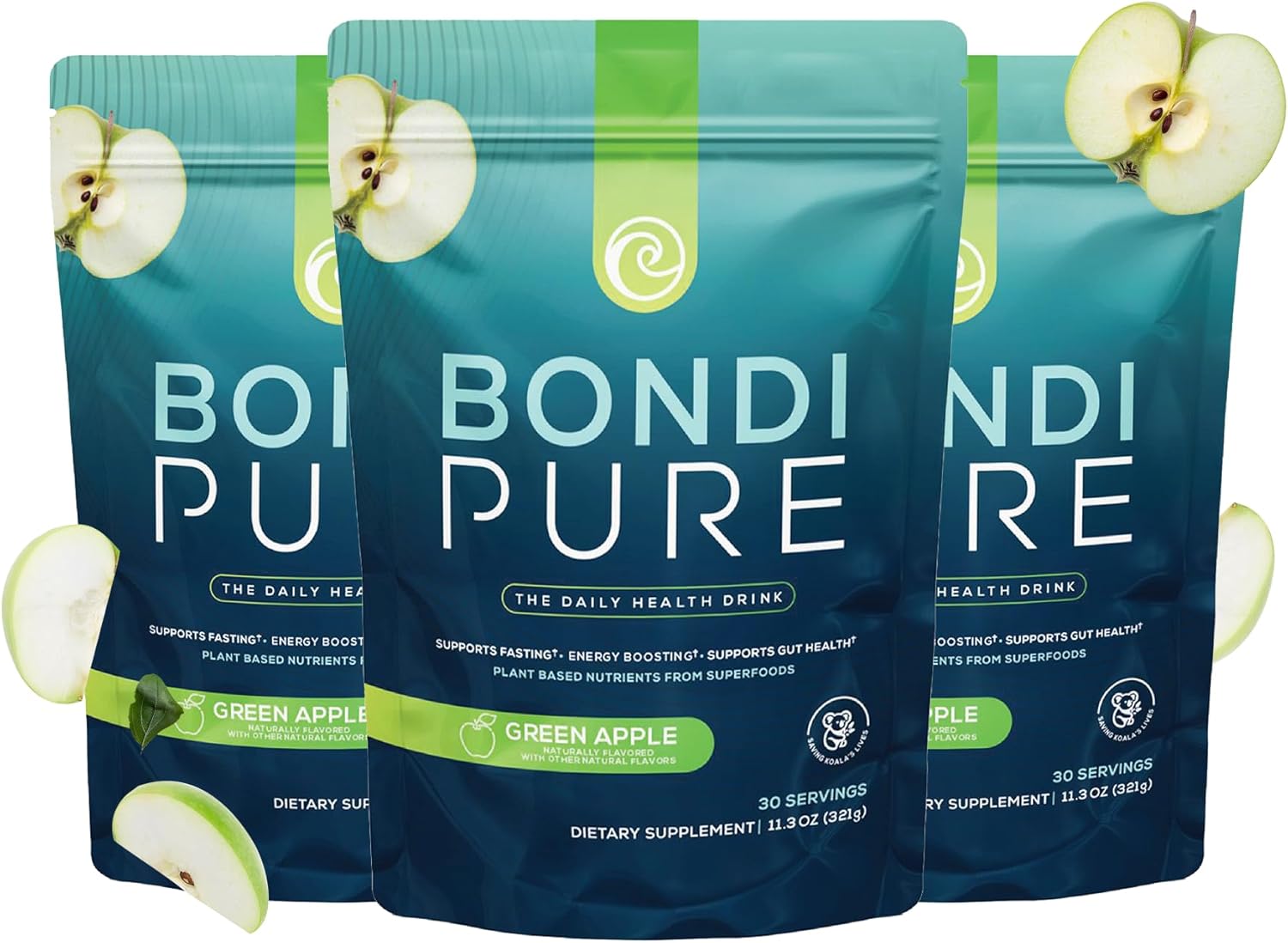 Bondi Pure - Daily Health & Detox Drink - Promote Gut Health & Energy Support During a Cleanse or Intermittent Fasting - Plant-Based Fibers, Alkalizing Super Greens - Green Apple (3-Pack)