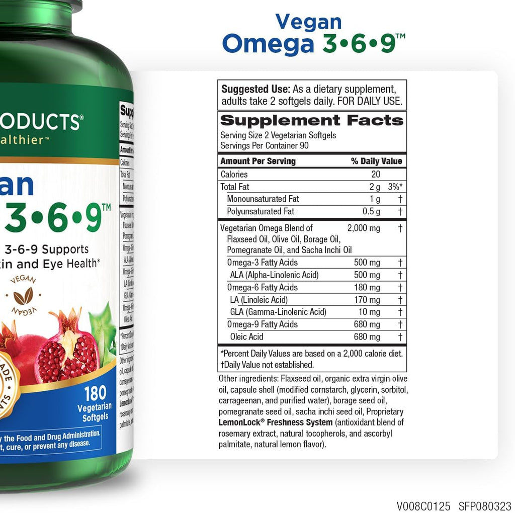 Purity Products Vegan Omega 3-6-9 Formula - “5 in 1” Essential Fatty Acid Complex - Scientifically Formulated Plant-Based Omega 3 6 9 Essential Fatty Acids (EFA) - 3 Month Supply - 180 Softgels