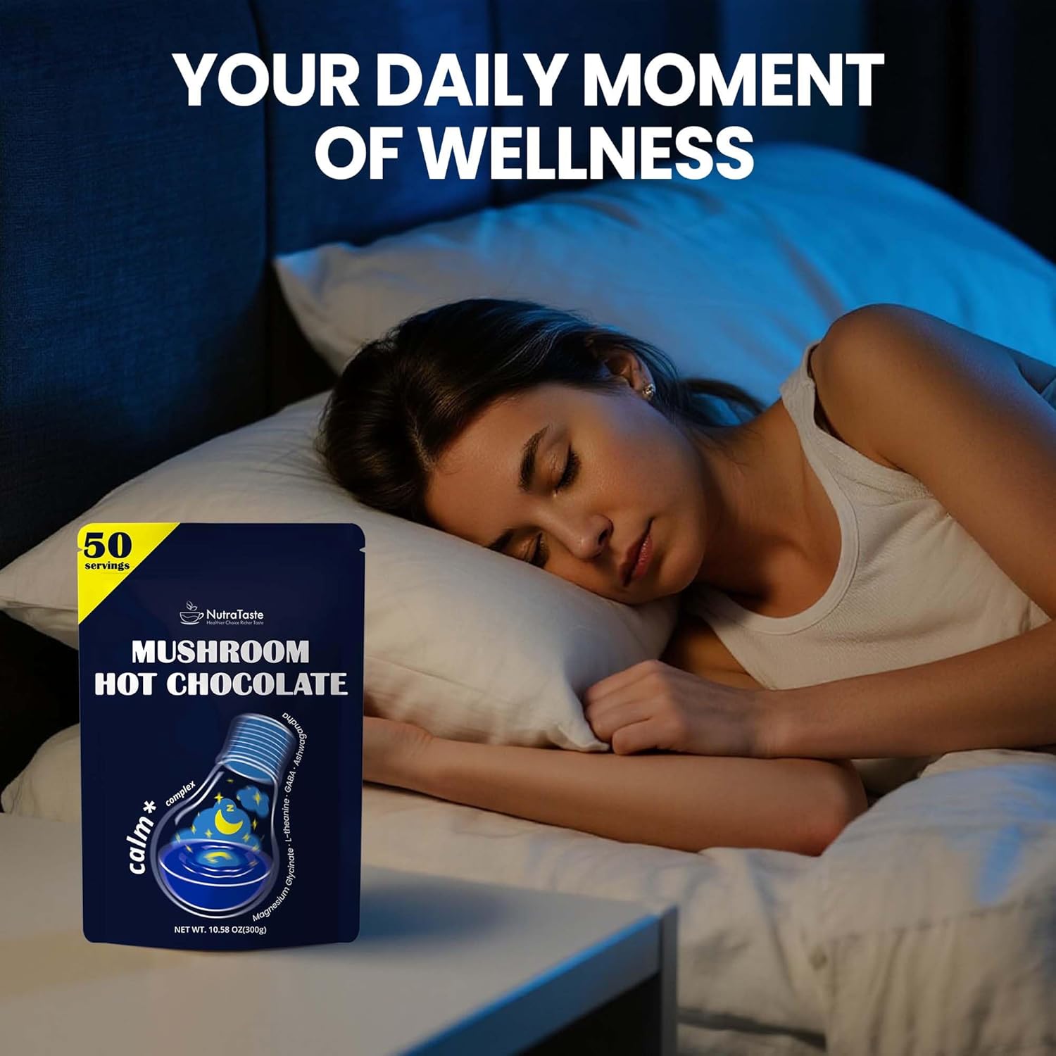Mushroom Hot Chocolate for Calm, 50 Servings Cocoa Powder | 10 Mushrooms Supplements with Magnesium Glycinate, L-Theanine, Ashwagandha & GABA | Support Focus, Mood & Sleep | Vegan & Keto, Gluten-Free