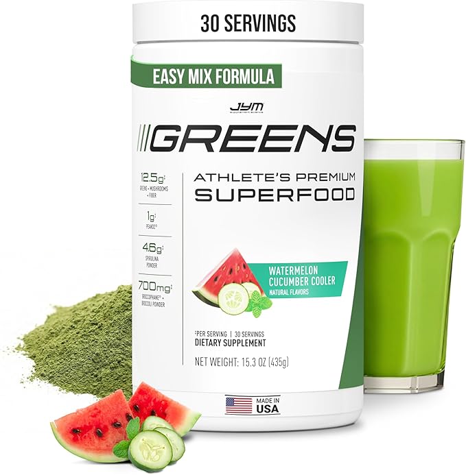 JYM Greens Super Food Powder for Performance, Watermelon Cucumber, Spirulina, Mushrooms, Vitamins, BroccoPhane & Broccoli, Men & Women, 30 Servings