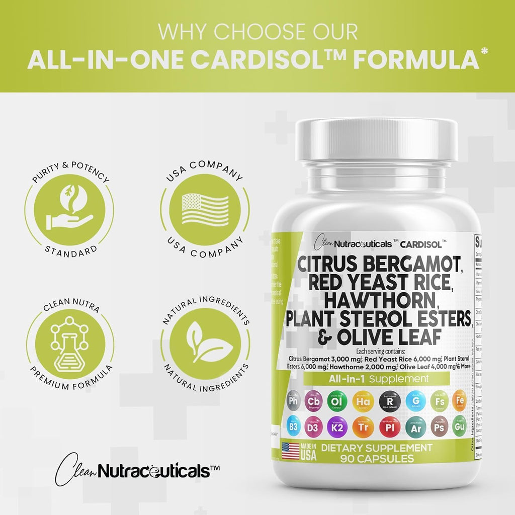 Clean Nutraceuticals Citrus Bergamot Red Yeast Rice Capsules with Plant Sterols - with Hawthorn Extract Olive Leaf Niacin Vitamin K3 D3 COQ10 Guggul & More