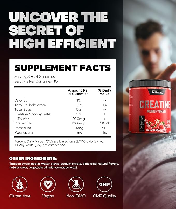 99.99% Creatine Monohydrate Gummies More 15% Strength, 5X Energy & Muscle Support Pre-Workout Complex Creatine for Women & Men with 5000mg Creatine, L-Taurine, B12, Mg & K, 0 Sugar, Vegan