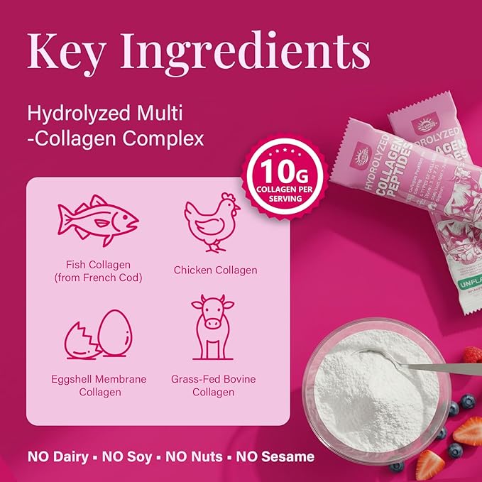Multi Collagen Peptides Powder - 10g Hydrolyzed Collagen Peptides Type I, II, III, V & X with Biotin, Hyaluronic Acid & Prebiotics, Support Hair, Skin, Nail, Bone & Digestive Health, Non-GMO丨30 Sticks