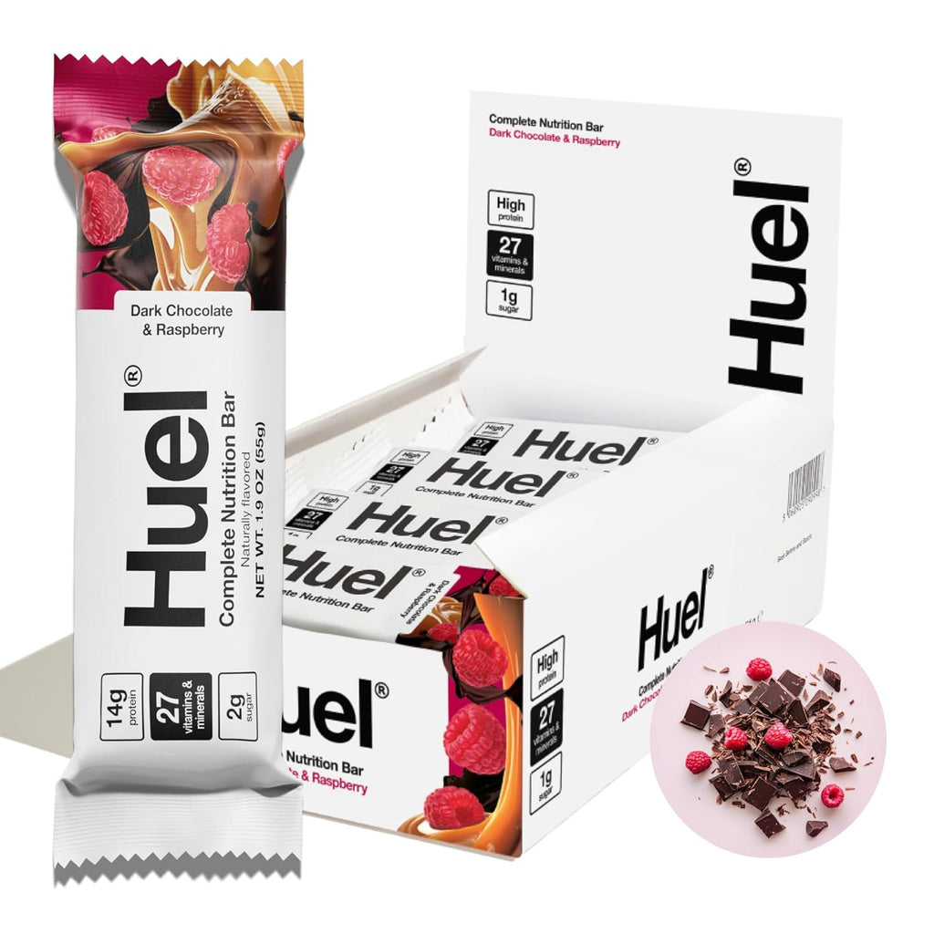 Huel Complete Nutrition Vegan Protein Bars | Dark Chocolate Raspberry | 13g Protein | 27 Vitamins & Minerals, 2g Sugar, Non-GMO, 100% Plant Based Snack | 12 Pack