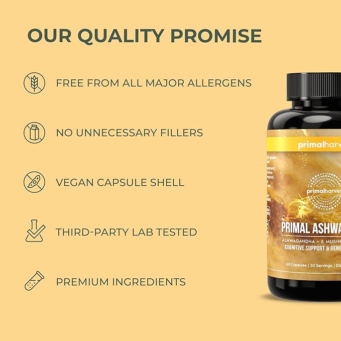 Primal Harvest Ashwagandha Supplement with 5 Mushroom Extracts: Lion’s Mane, Reishi, Cordyceps, Turkey Tail & Maitake for Immune Support & Cognitive Health