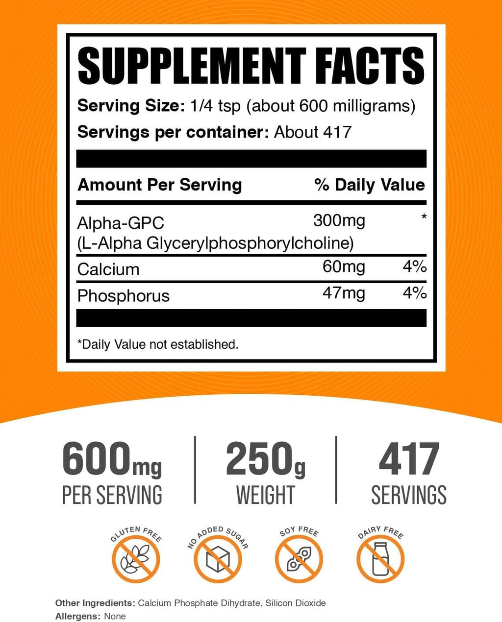 BulkSupplements.com Alpha GPC Powder - Choline Supplements, Alpha GPC 300mg - Unflavored & Gluten Free, 600mg per Serving, 250g (8.8 oz) (Pack of 1)