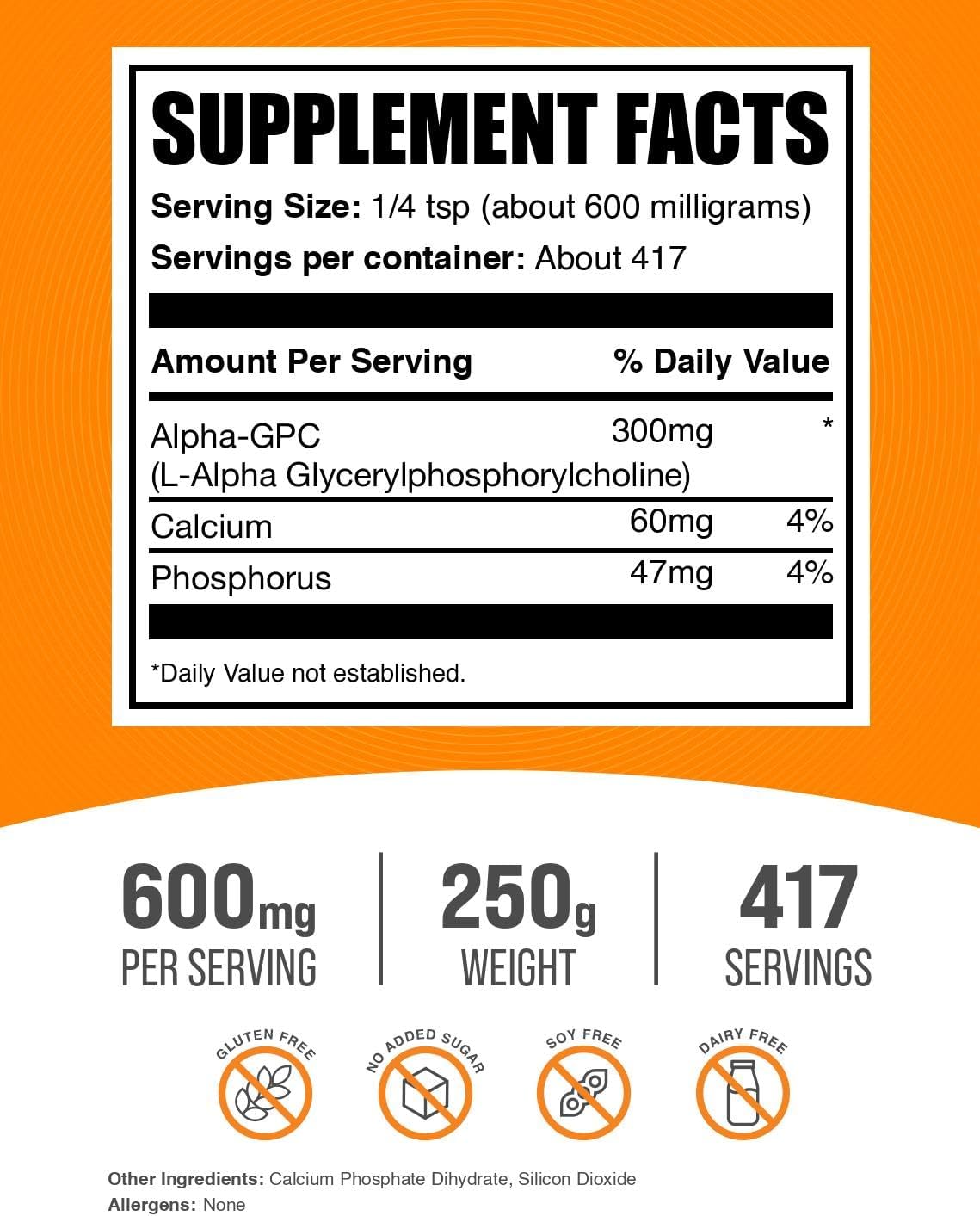BulkSupplements.com Alpha GPC Powder - Choline Supplements, Alpha GPC 300mg - Unflavored & Gluten Free, 600mg per Serving, 250g (8.8 oz) (Pack of 1)
