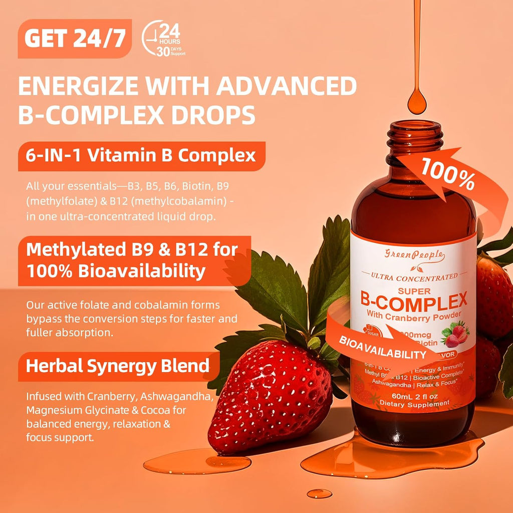 Super B Complex Liquid | B12 Methylcobalamin + Methyl Folate | B Vitamins Complex Liquid Drops with B3,B5,B6,B7, Ashwagandha & L-Theanine for Energy, Focus & Immunity, Vegan, 2fl Oz 2 Pack