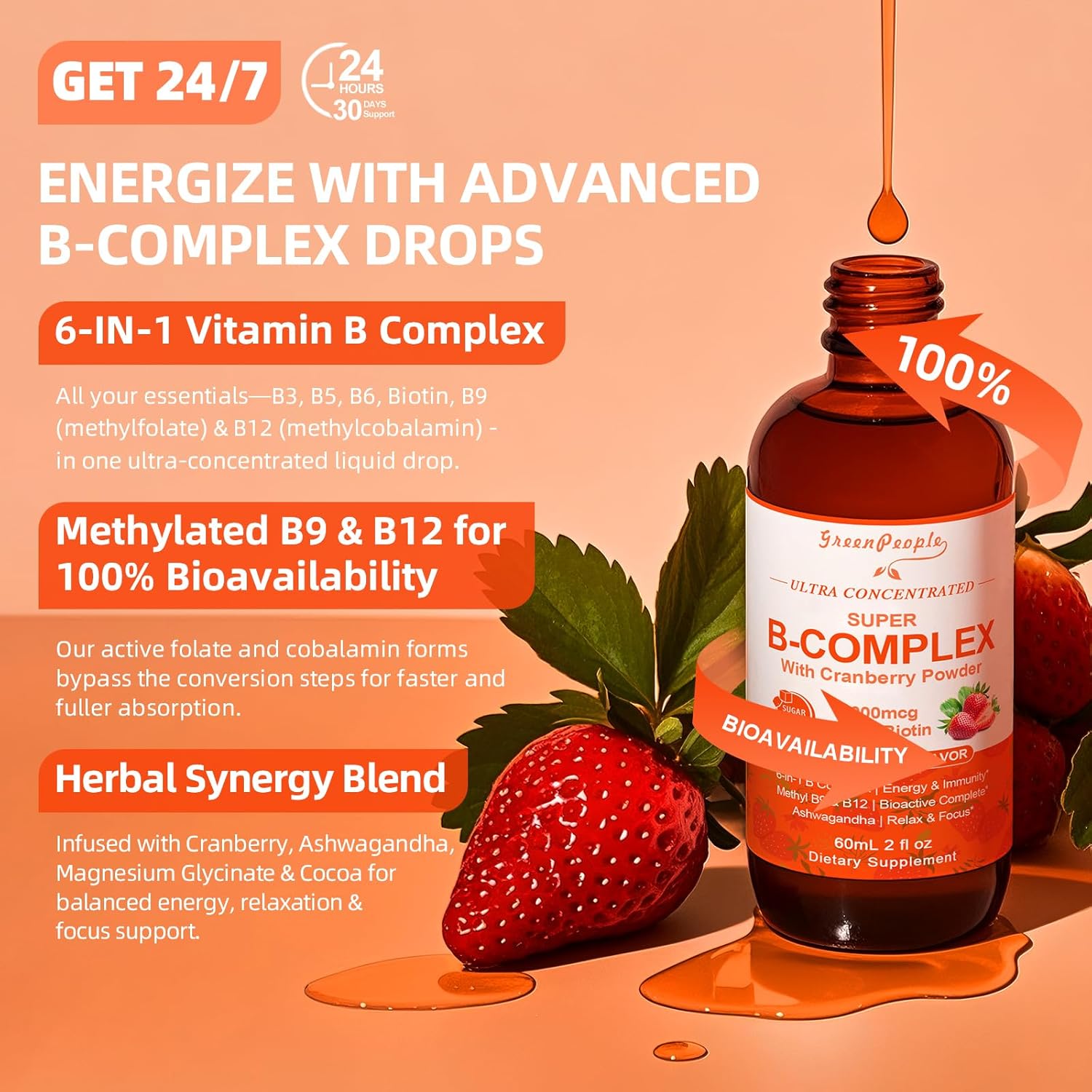 Super B Complex Liquid | B12 Methylcobalamin + Methyl Folate | B Vitamins Complex Liquid Drops with B3,B5,B6,B7, Ashwagandha & L-Theanine for Energy, Focus & Immunity, Vegan, 2fl Oz