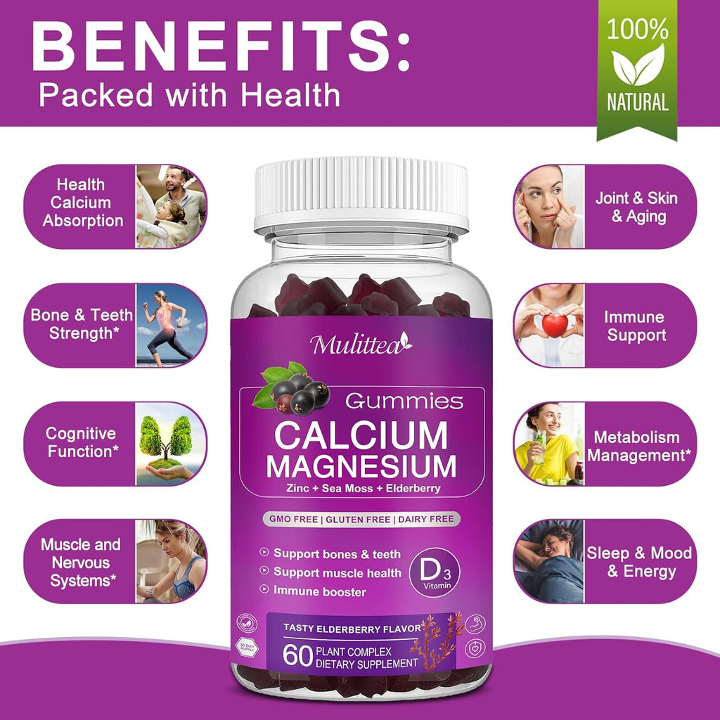 Calcium Magnesium Zinc Gummies with High Absorption Magnesium Glycinate 200mg, Potassium -Plant Calcium Supplement w/ D3 & Sea Moss for Bone, Muscles, Calm Mood & Sleep Support- Kids & adults (3 Pack)