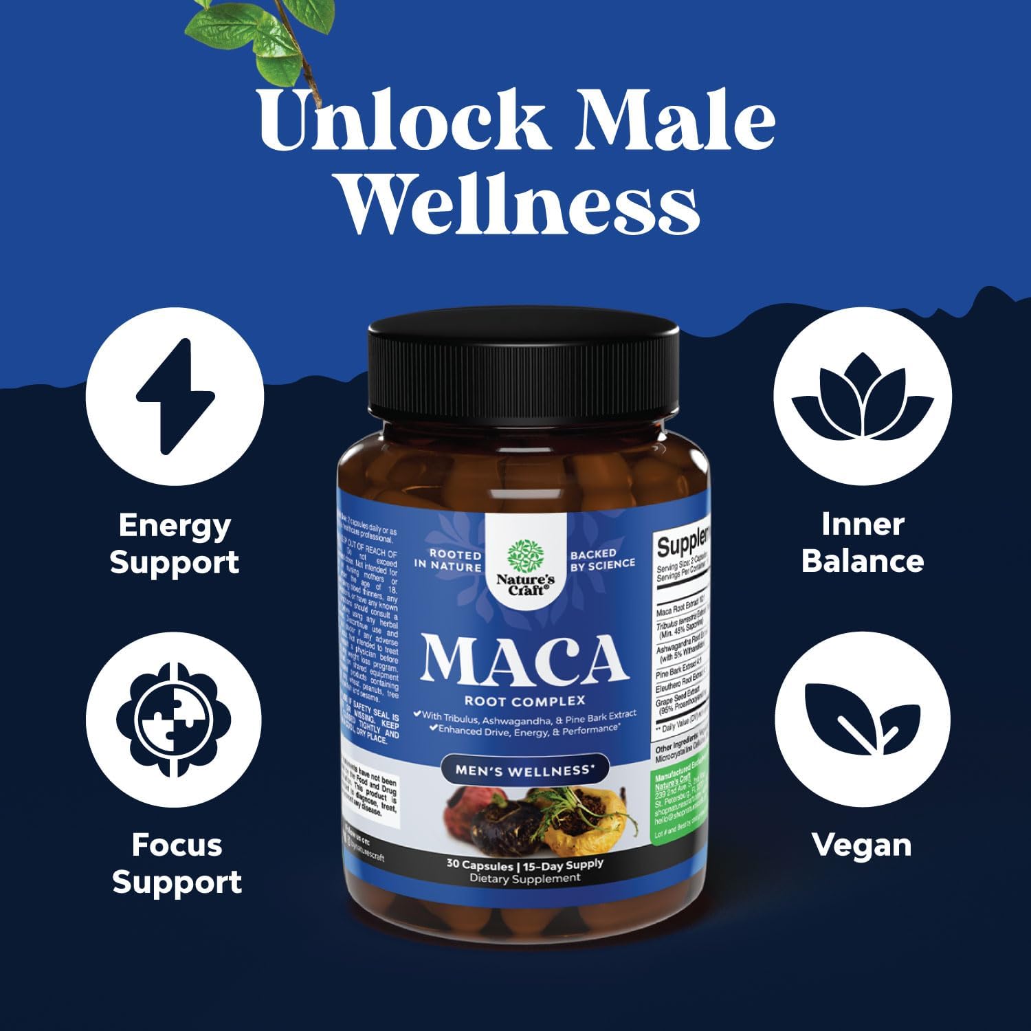 Bundle of Horny Goat Weed for Male Enhancement for Stamina & Energy and Black Maca Root Capsules for Men - Herbal Enhancement Supplement for Men