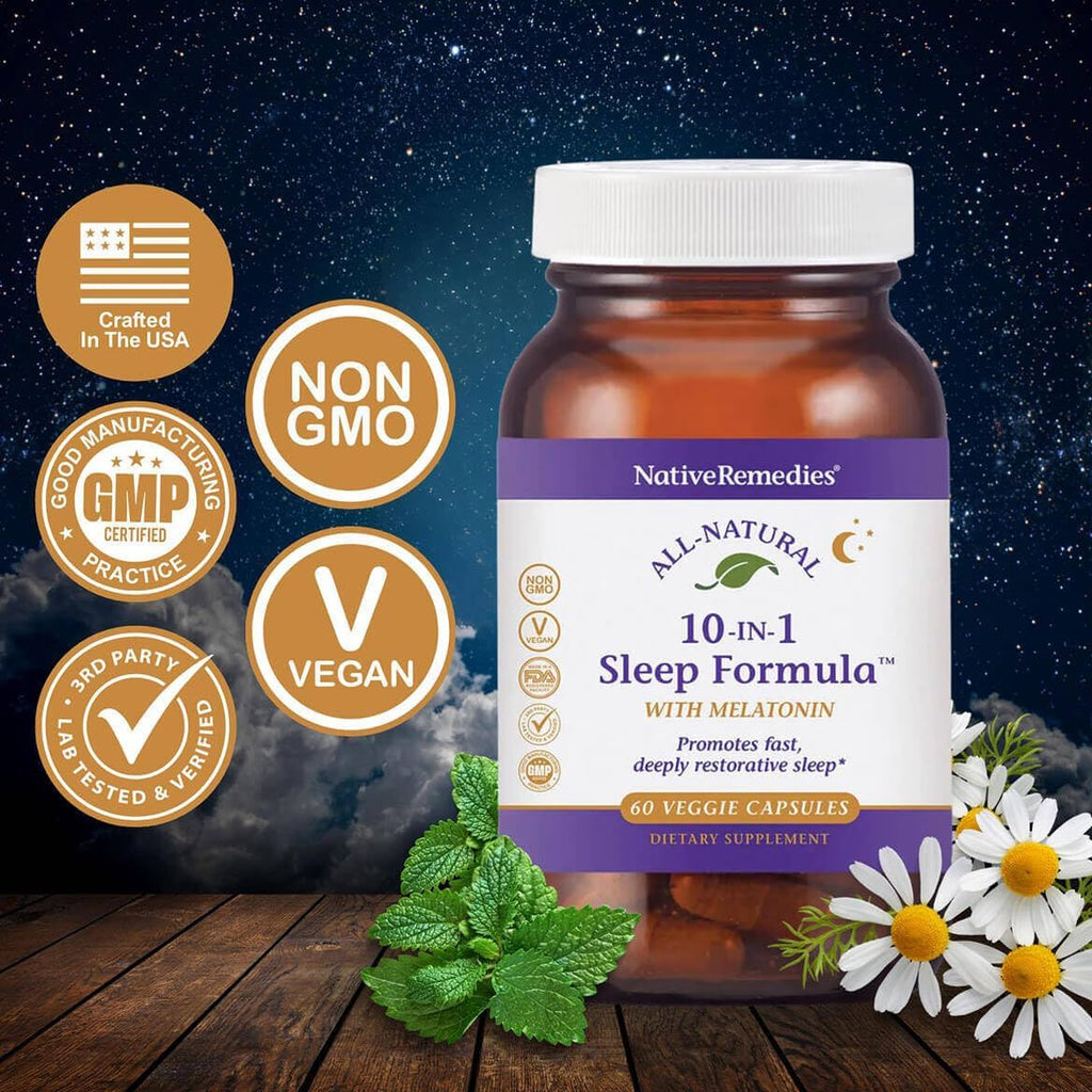Native Remedies 10-in-1 Natural Sleep Aid for Adults & Kids 4+ – Herbal Sleep Supplement with Melatonin 5mg, Magnesium, Valerian Root, Chamomile & L-Tryptophan – Non-Habit Forming, Vegan, 60 Capsules