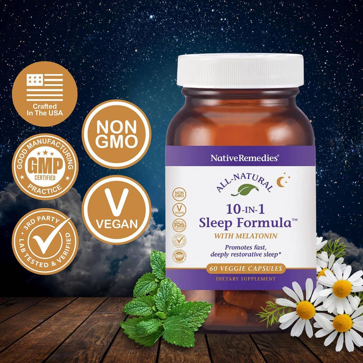 Native Remedies 10-in-1 Natural Sleep Aid for Adults & Kids 4+ – Herbal Sleep Supplement with Melatonin 5mg, Magnesium, Valerian Root, Chamomile & L-Tryptophan – Non-Habit Forming, Vegan, 60 Capsules