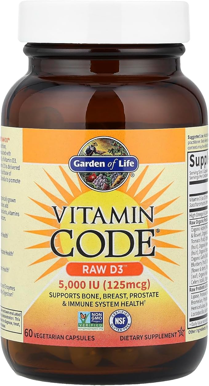 Garden of Life Vitamin D3 5000 IU, Raw Whole Food Supplements with Chlorella, Fruit, Veggies & Probiotics for Bone & Immune Health, 60 Vegetarian Capsules