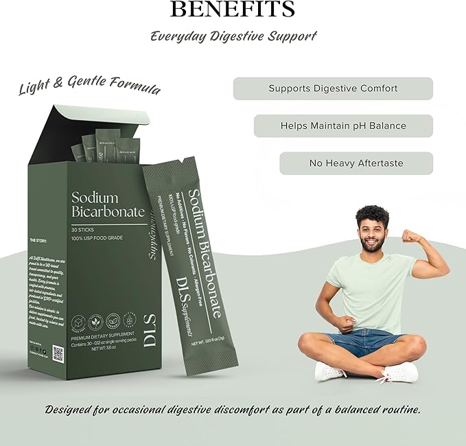 DLS Sodium Bicarbonate Supplement – Pure Organic Powder Sticks 3g Each, 30 Single-Serve Sachets – Vegan, Gluten Free, Non-GMO, Premium Dietary Supplement for Digestive Support & pH Balance, Fitness