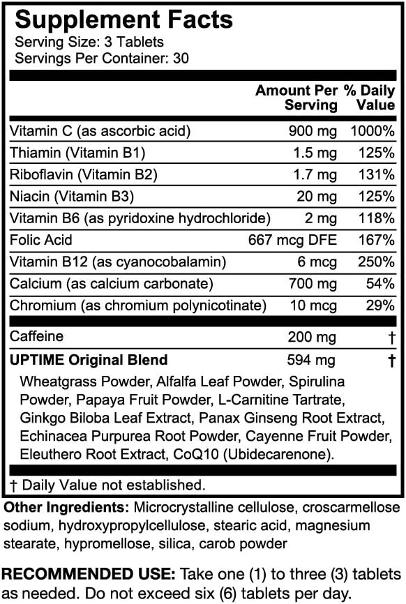 UPTIME Original Energy, 90 Energy Tablets, 200mg per Serving, Made with Natural Caffeine, Vitamin C, CoQ10, Calcium, Ginkgo Biloba, Ginseng & L-Carnitine, Zero Calories, 66mg Caffeine Per Tablet
