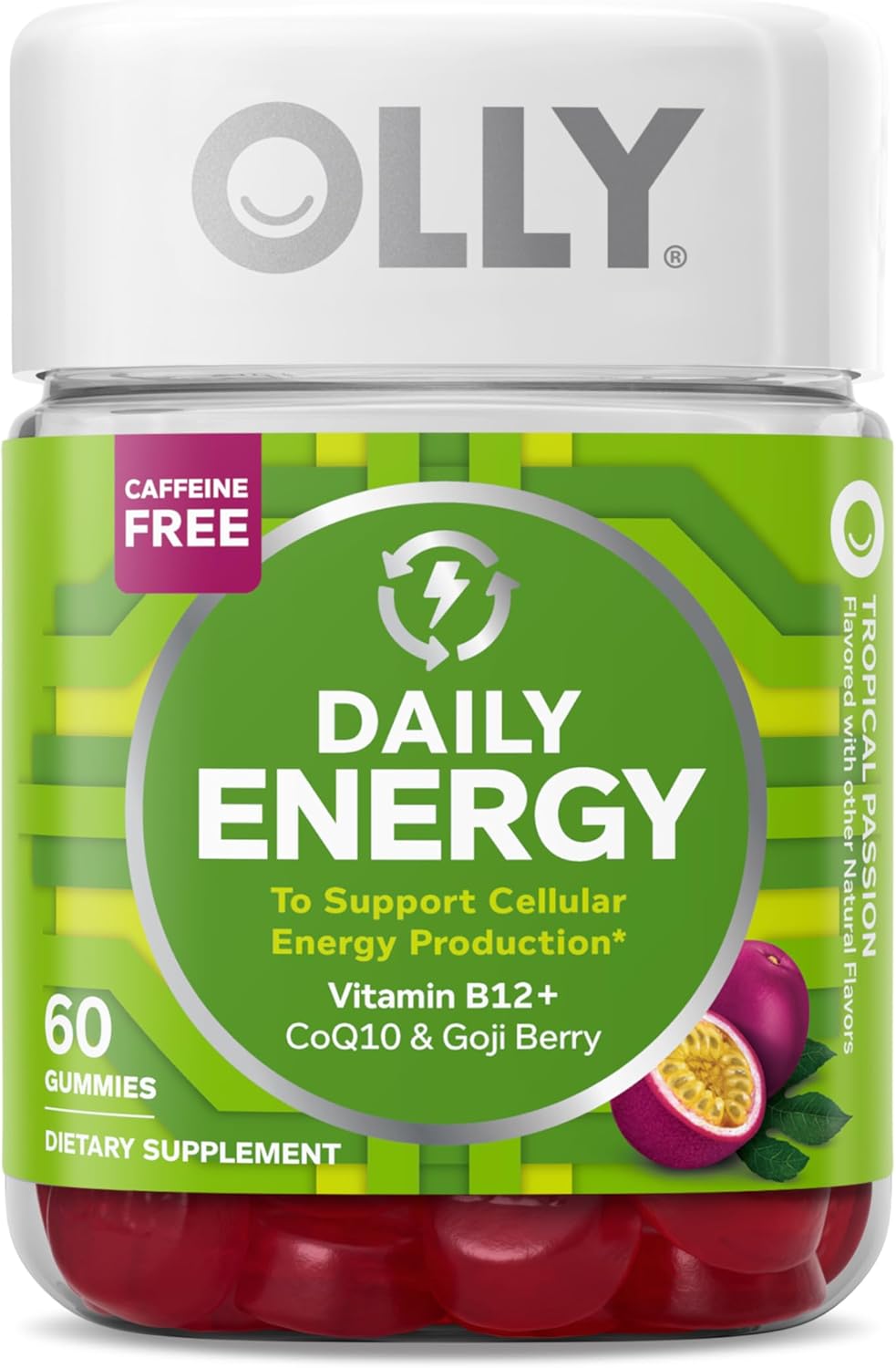 OLLY Daily Energy Gummy, Caffeine Free, Vitamin B12, CoQ10, Goji Berry, Adult Chewable Supplement, Tropical Flavor - 60 Count