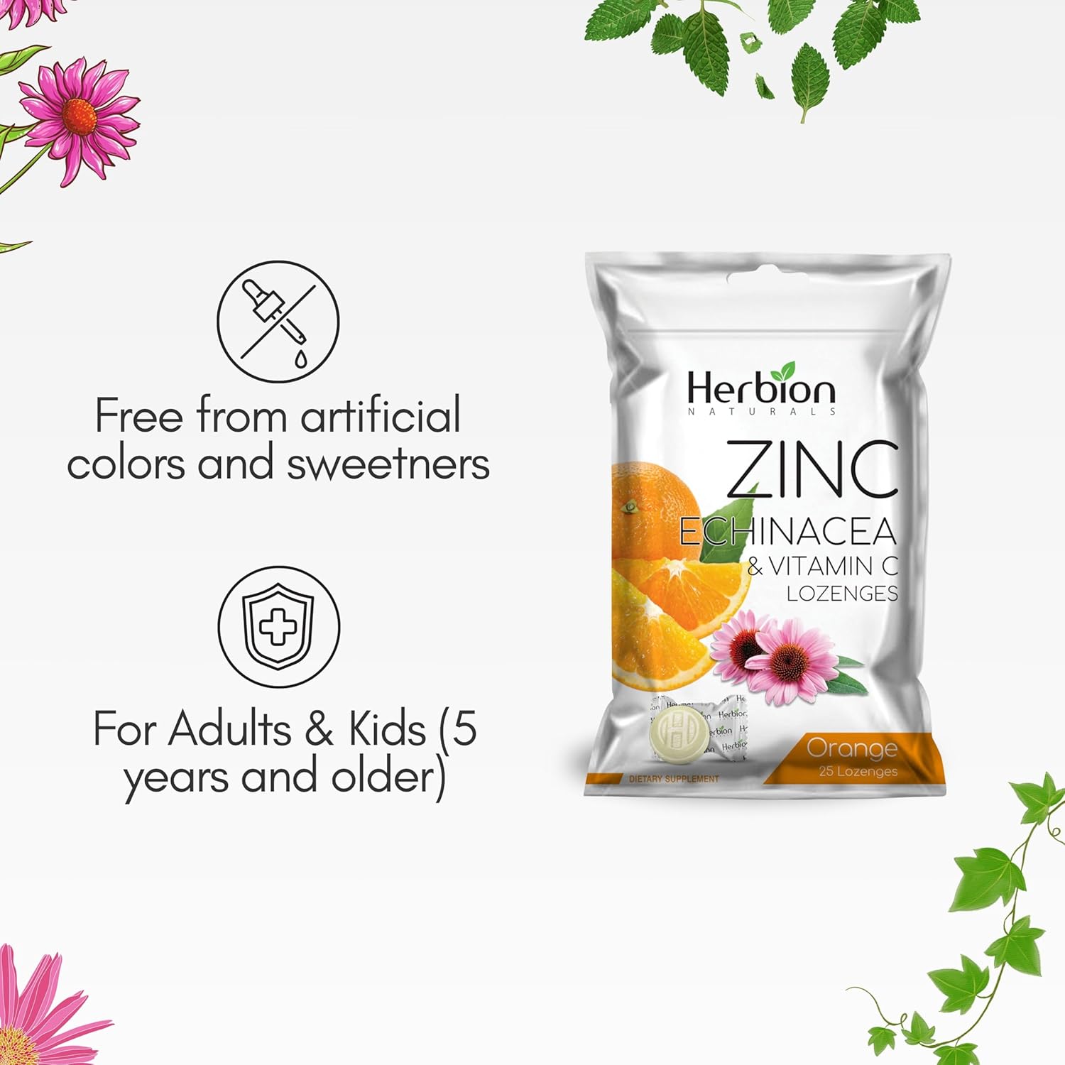 HERBION Naturals Zinc, Echinacea & Vitamin C Lozenges 25 CT, Dietary Supplement for Adults & Children 5+, Promotes Wellness for The Whole Family, 125 Count, Orange, Pack of 5