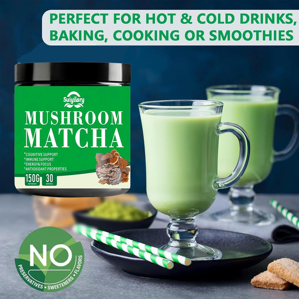 Mushroom Matcha, Ceremonial Matcha Tea Powder with 7 Superfood Mushrooms, Gluten Free, Taste Great Hot or Cold Matcha Latter - 150g 30 Serving