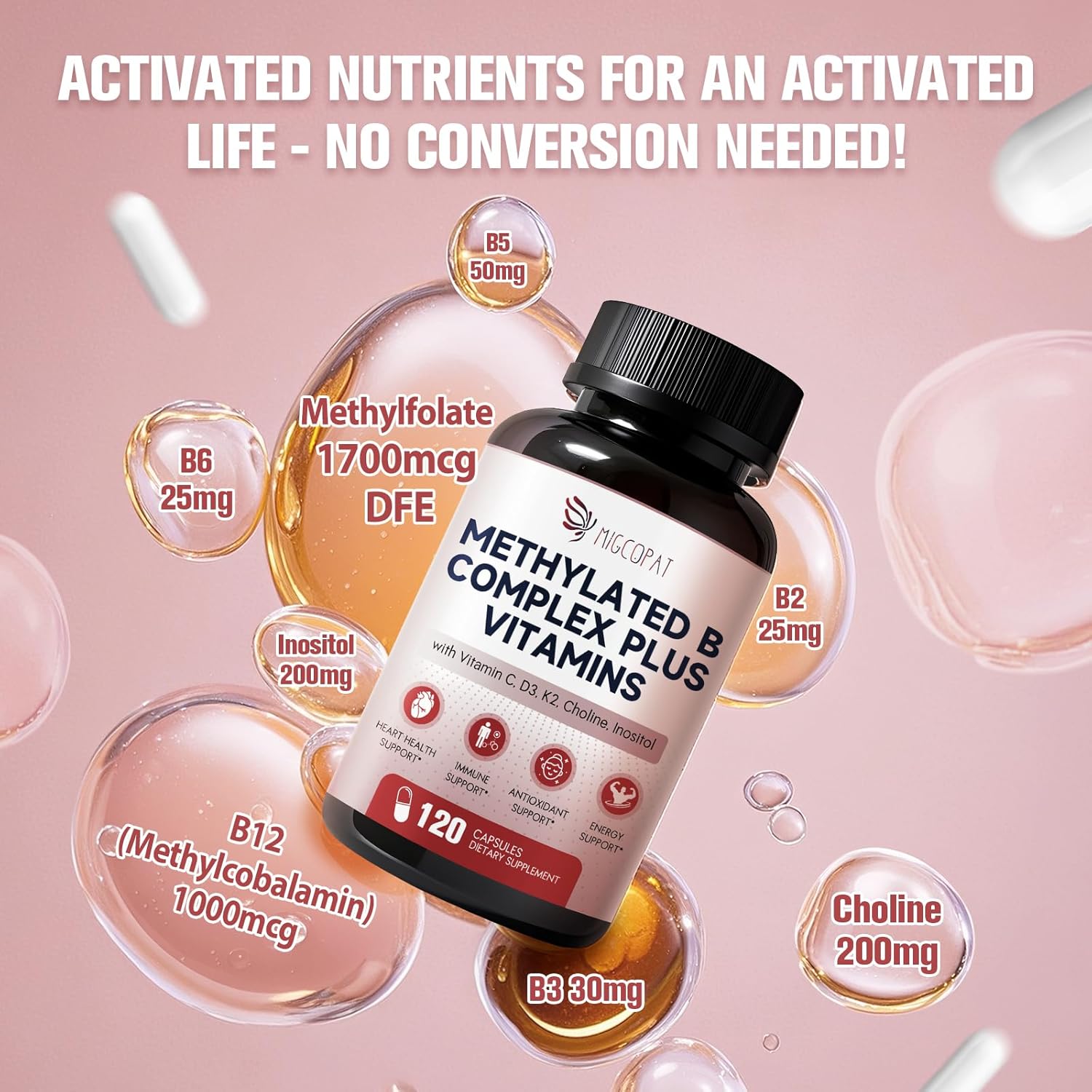16-in-1 Methylated Multivitamin Plus, Methylated B Complex with Vitamin B12 & Methylfolate, B1-B7, CoQ10 & Alpha Lipoic Acid, Vitamin B Complex for Energy, Brain, Heart, Immunity &Antioxidant,120 Caps