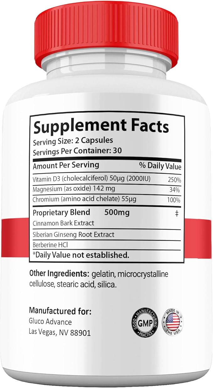 Gluco Advance Capsules, Official Premium All Natural Ingredients, Maximum Strength Pills GlucoAdvance Advanced Supplement for Men and Women Vitamins (2 Pack)