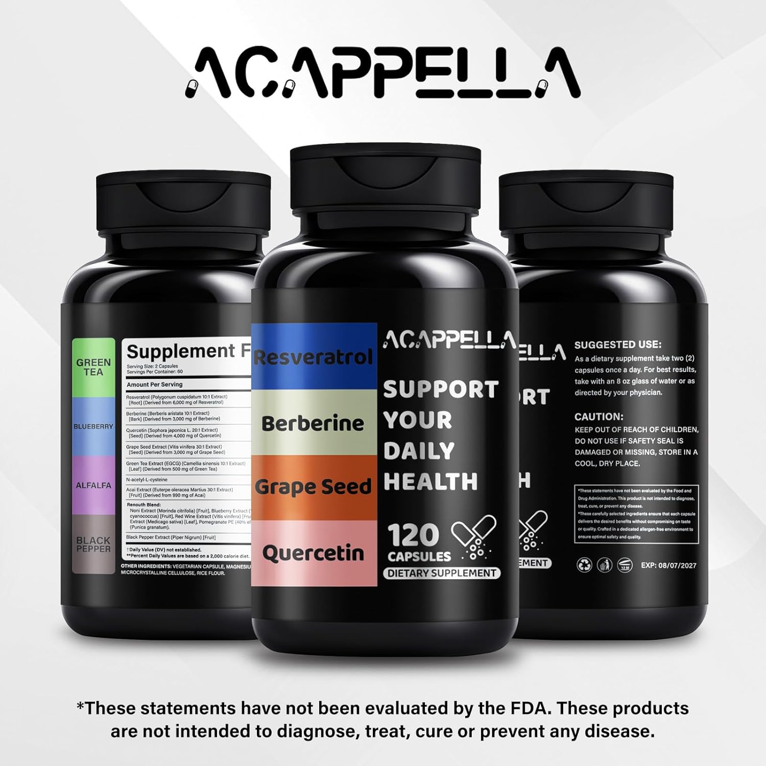ACAPPELLA Resveratrol, Berberine, Grape Seed, Quercetin Capsule - Polyphenols Supplement with Green Tea Extract, N-Acetyl-L-Cysteine, Digestive Gut Health Supplement (1)