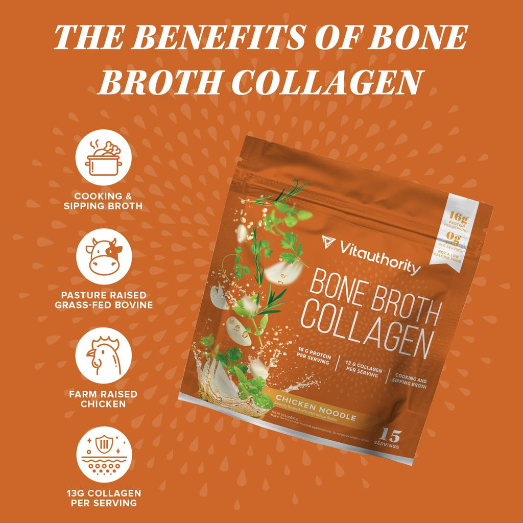 Vitauthority Bone Broth Collagen Delicious Chicken Noodle Flavored - Packed with 16g of Protein & Types I, II, III - Nourishes Skin, Hair, Nails, Joints, & Gut - Beef BoneBroth