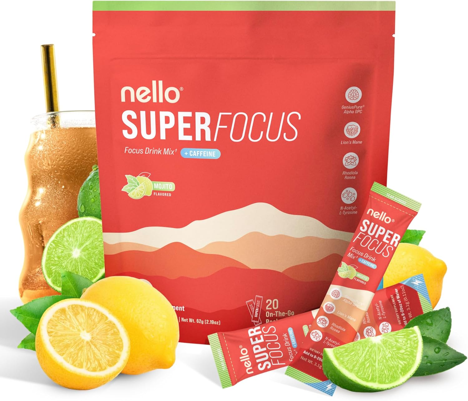 Nello SuperFocus Mojito with Caffeine– Nootropic Focus Drink Mix, 20 On-The-Go Packets, Alpha GPC, Lion’s Mane, Rhodiola, Sugar-Free