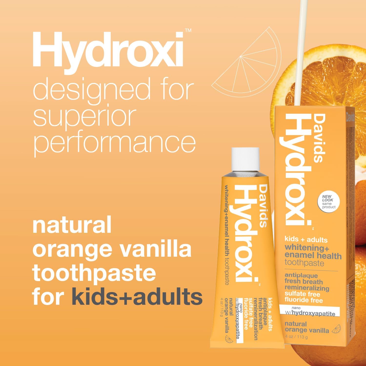 Davids Hydroxi Fluoride Free Nano Hydroxyapatite Toothpaste for Enamel Health & Whitening, Antiplaque, SLS Free, Kid Friendly Orange Vanilla Flavor, 4 oz, Made in USA