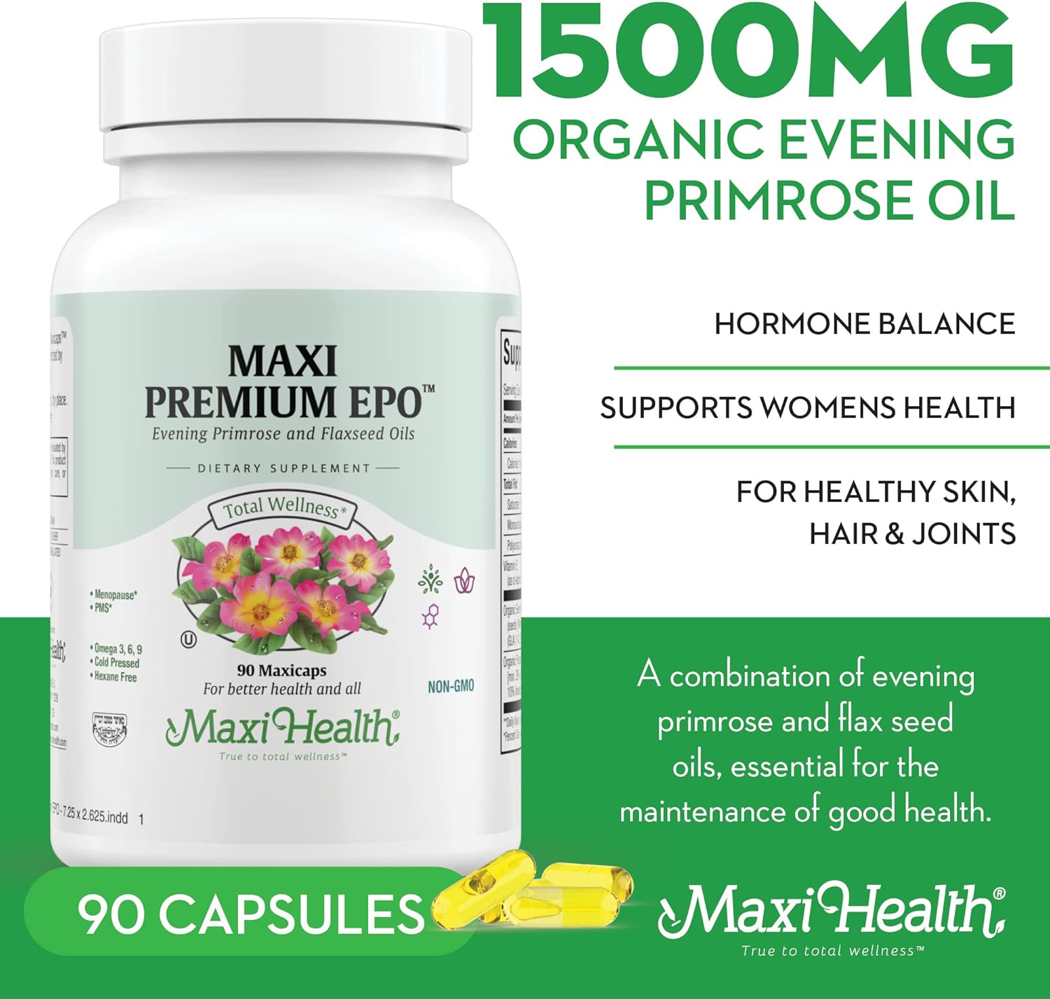 Maxi Health Women's Organic Evening Primrose Oil Capsules 1500mg - EPO Gamma Linolenic Acid Supplement - PMS & Hot Flashes Menopause Relief - GLA Hormonal Acne Supplements (90 Count)