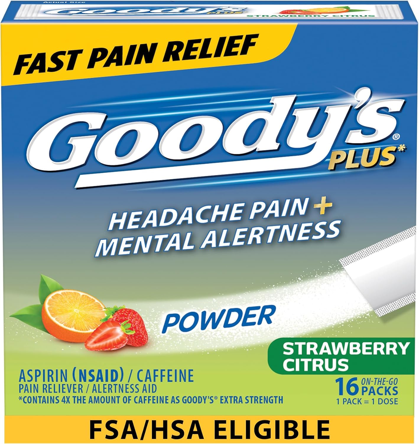 Goody's Headache Relief Plus Mental Alertness Powder, with Aspirin and Caffeine, Strawberry Citrus Flavor, 16 Count