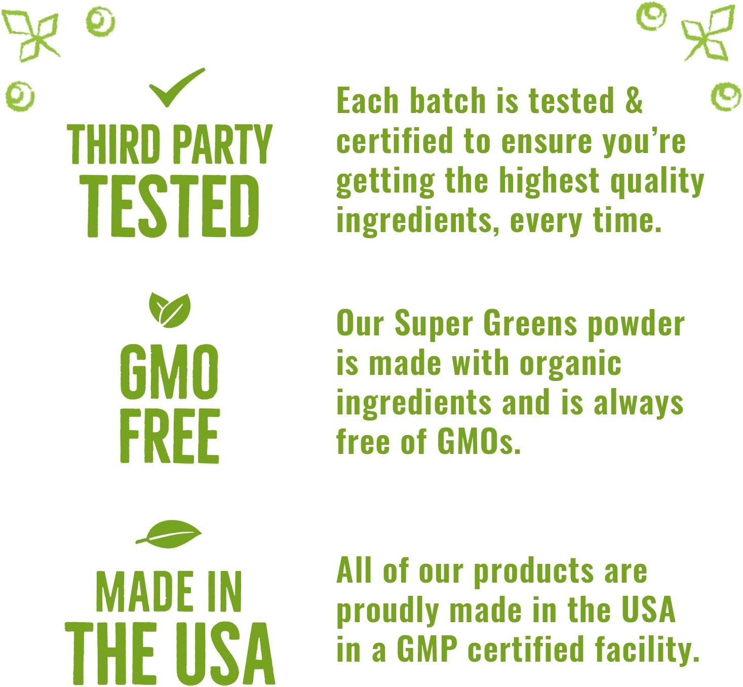 Super Greens Powder Organic Blend: Non-GMO Supplement, Includes Spirulina, Alfalfa, Spinach, Probiotics, Fiber and Digestive Enzymes, No Artificial Sweeteners, 30 Servings