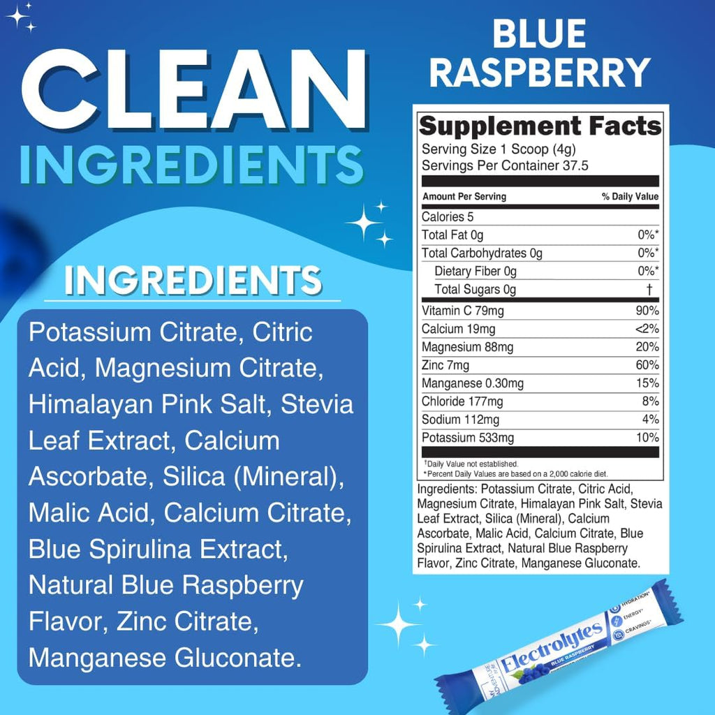Zero Sugar - Blue Raspberry Electrolytes Powder - Refreshing Hydration - Caffeine Free Energy - All Natural Ingredients - Vegan, Keto and Paleo - Sugar Free Electrolyte Powder Drink Mix - 15 count