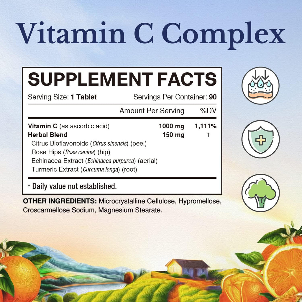Vitalitown Vitamin C Complex 1000mg with Rose HIPS, Bioflavonoids, Turmeric & Echinacea, Daily Immune Support, Collagen Booster & Powerful Antioxidant, Vegan, 90 Tablets