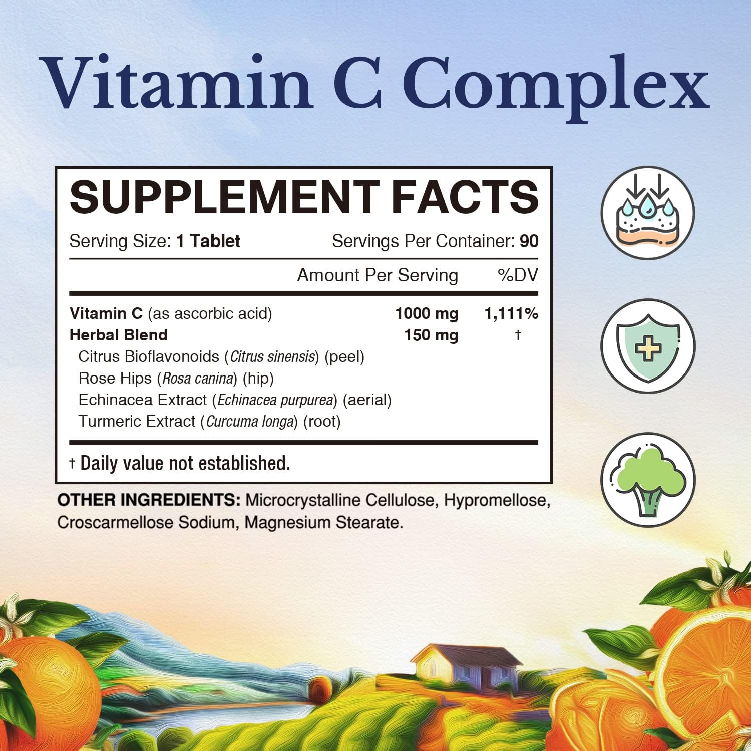 Vitalitown Vitamin C Complex 1000mg with Rose HIPS, Bioflavonoids, Turmeric & Echinacea, Daily Immune Support, Collagen Booster & Powerful Antioxidant, Vegan, 90 Tablets