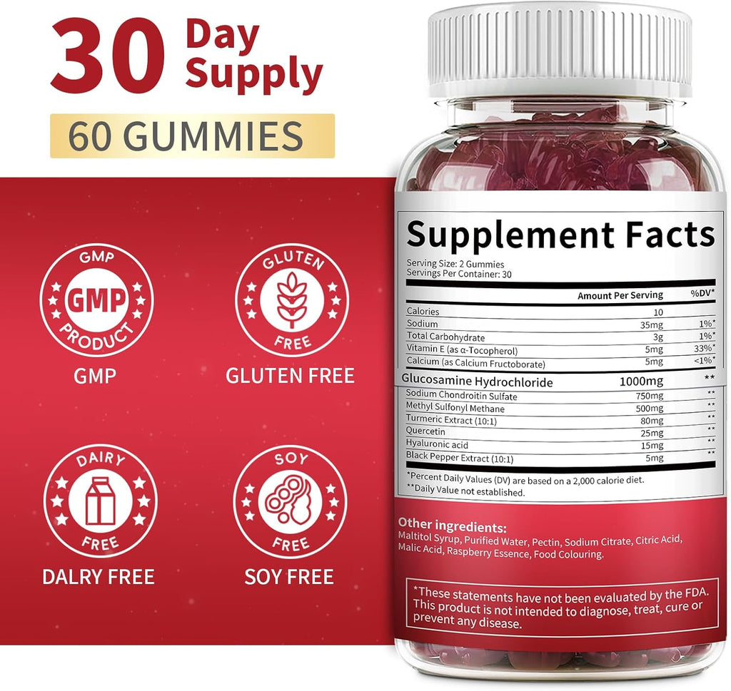 Glucosamine Chondroitin Gummies Triple Strength (1,000mg Glucosamine,750mg Chondroitin) with MSM, Turmeric, Quercetin, Vitamin E, Joint Support Supplement, Antioxidant 60 Gummies Raspberry Flavor