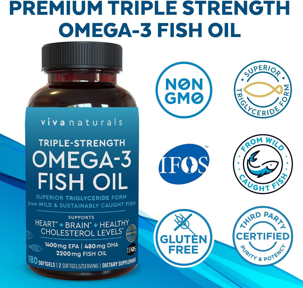 Triple Strength Omega 3 Fish Oil Supplement for Men and Women – 2500 mg High-Potency, Easy-to-Absorb Re-esterified Triglyceride Form, Pescatarian-Friendly DPA EPA DHA Omega 3 Supplement, 180 Softgels
