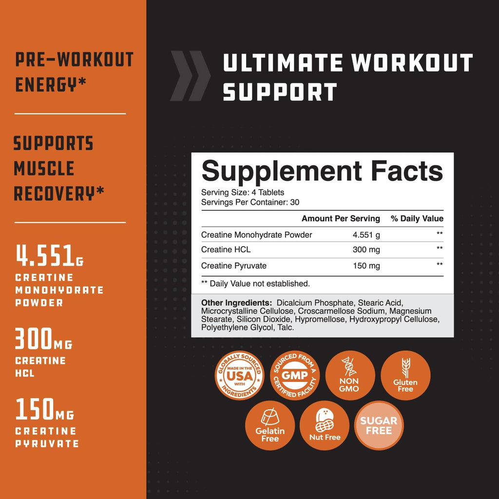 Natures Craft High Strength Tri Phase Creatine Tablets for Women & Men - Formula Blend of Creatine Monohydrate, 300mg HCL & Pyruvate Supplement - Muscle Mass Gain & Recovery Supplement - 120 Tablets
