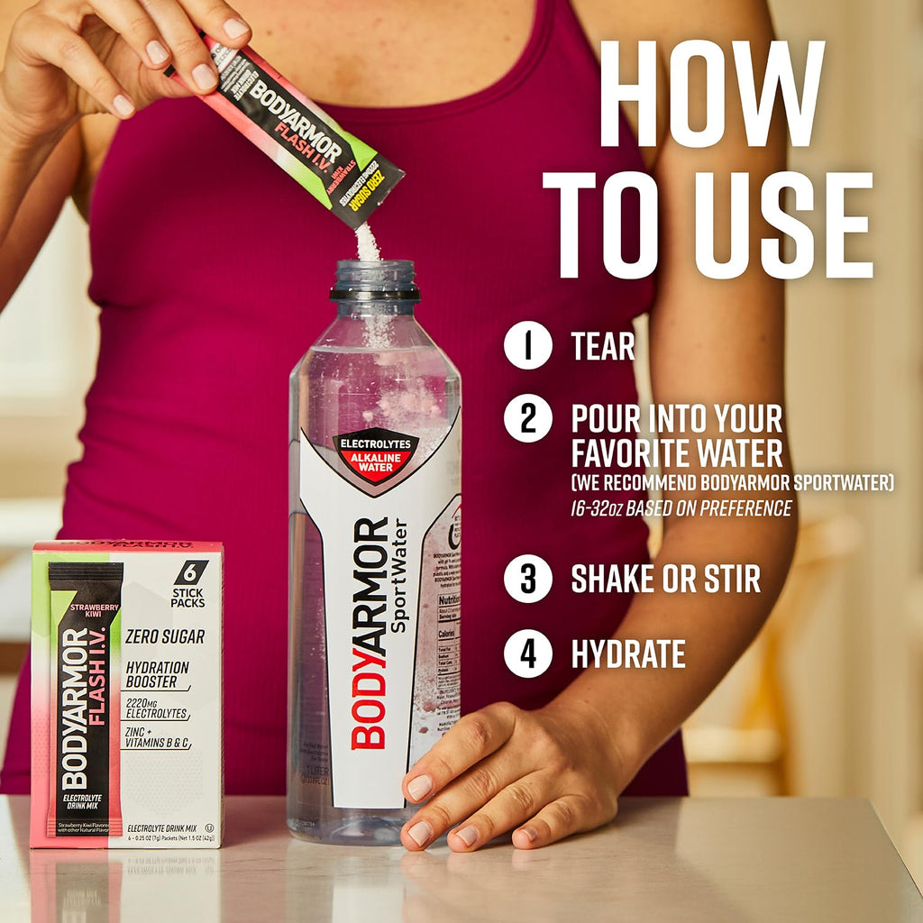 BODYARMOR Flash IV Electrolyte Packets, Strawberry Kiwi - Zero Sugar Drink Mix, Single Serve Packs, Coconut Water Powder (6 Count)