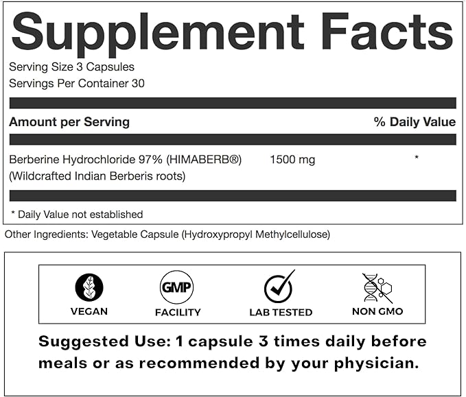 Clean Label Berberine HCl 97% - Clinically Studied Ultra High Strength Pure Berberine 500mg Supplement - Gluten-Free - 90 Capsules